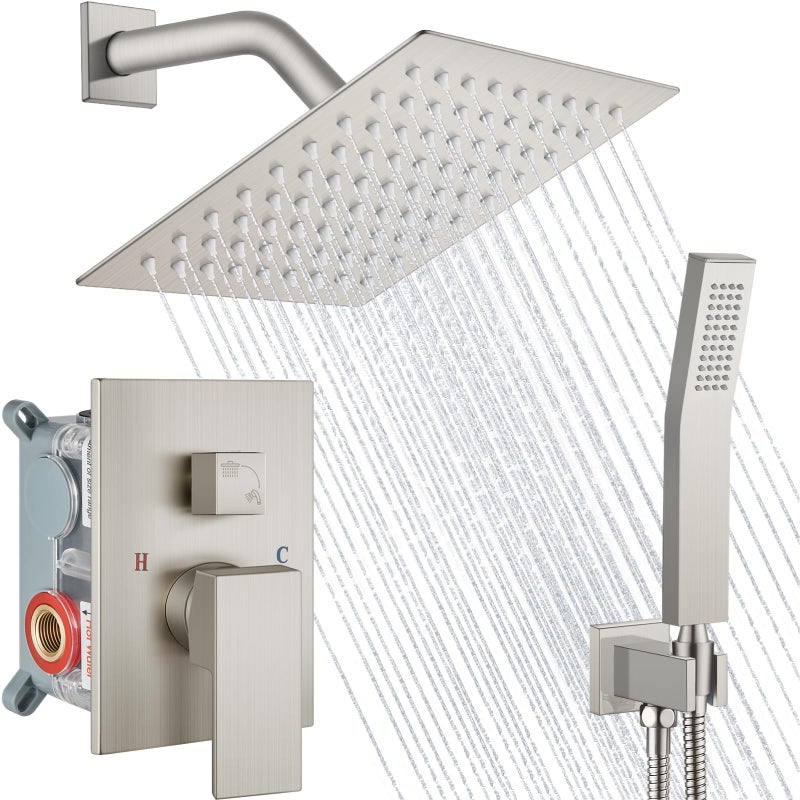 Midanya Shower Faucet Set,Wall Mount Shower System with Square Rain Shower Head and Hand Sprayer, Rough-in Valve Body and Trim Kit Included,8 Inch,Brushed Nickel - Image 1